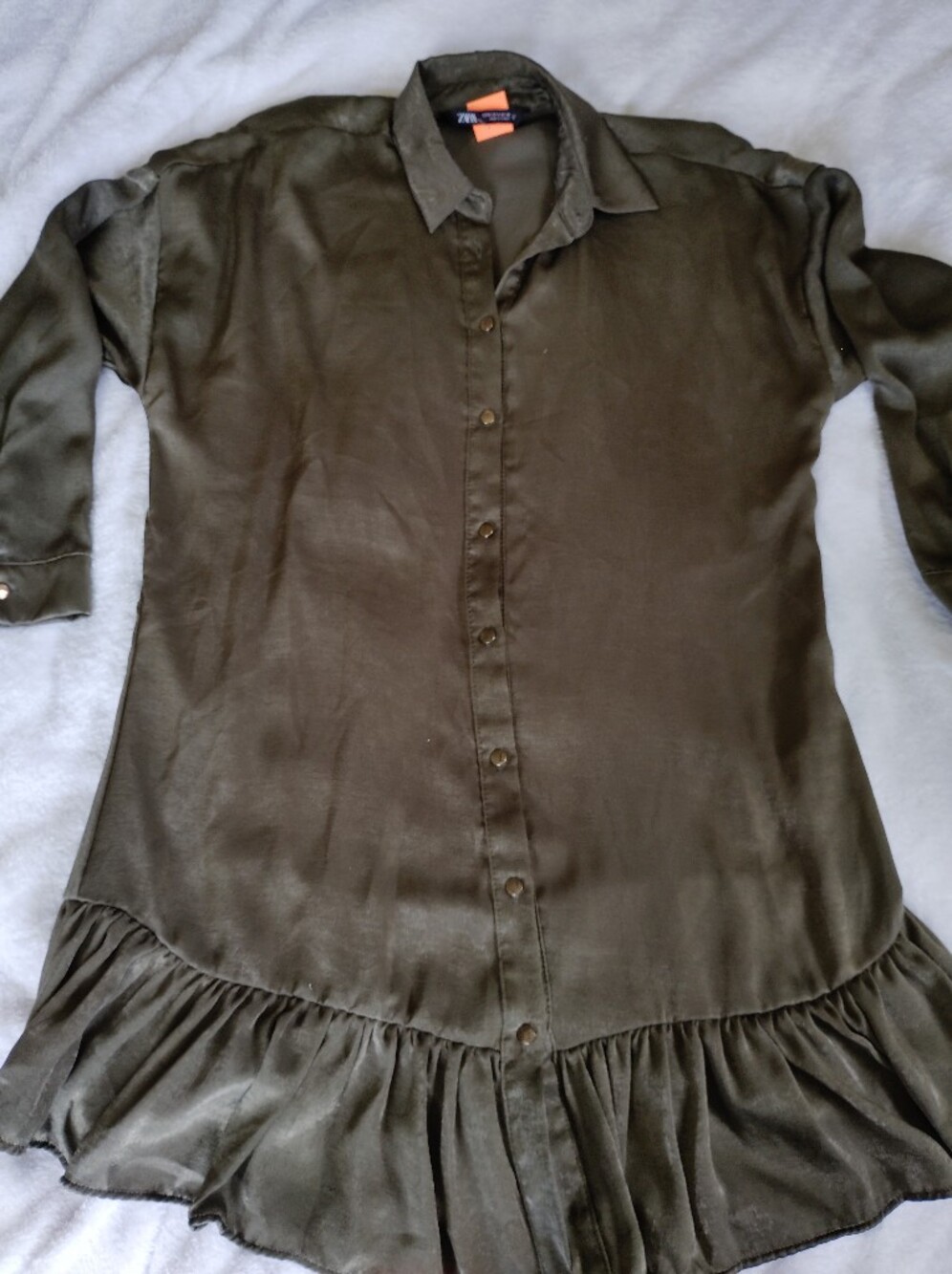 ZARA Olive Satinated COLLARED MINI SHIRT DRESS WITH RUFFLED HEM SIZE Small